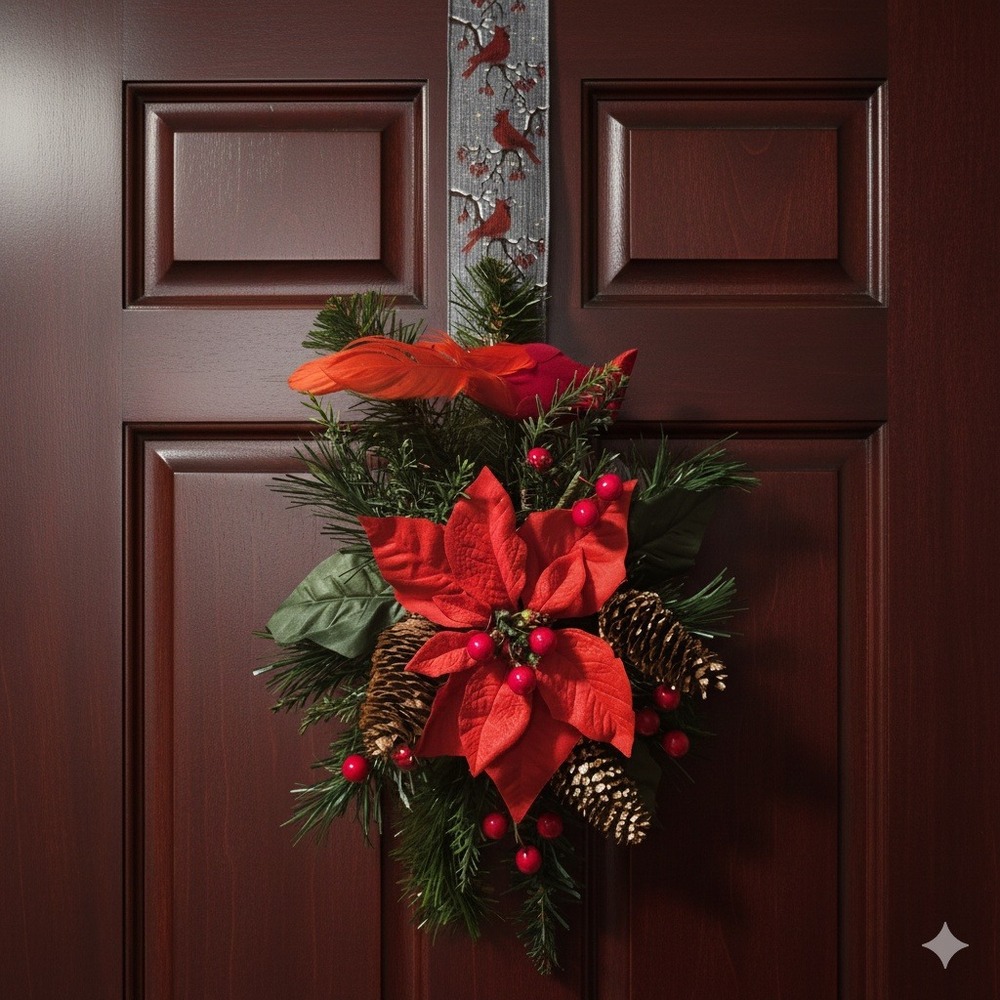 Christmas Poinsettia‎ Door Swag Red Floral Pine Cone Berry Wreath Accent